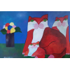 ALDEMIR MARTINS - FAMILIA DE GATOS COM VASO DE FLORES , DATADO 2000 - NAS MEDIDAS DE 80X120, A.S.T., OBRA COM CERTIFICADO DE AUTENTICIDADE EMITIDO PELO INSTITUTO ALDEMIR MARTINS