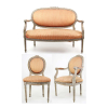 Conjunto de sala contendo 01 sofá, 04 cadeiras, 02 poltronas, madeira entalhada, estilo Luís XVI, com forração de tecido na tonalidade laranja. Alt. 108 x 124 x 65; 94 x 50 x 45cm e 105 x 60 x 70cm, respectivamente. Europa, séc. XIX/XX