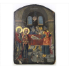 Ícone russo policromado sobre placa de madeira, representando cena religiosa, com douração. 47 x 33cm. Séc. XVI/XVII (com vestígios de que já teve cupim, mas já tratado - precisa pequenos restauros)
