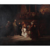 <p>ESCOLA DE REMBRANDT, Cena Sacra, OST, sem assinatura, 63 x 75cm (m.i) - contém nota fiscal de época com provenance indicando à compra em 1953 em Londres, através da compania Knight, Frank & Rutley - que incorporava diversas coleções e acervos no começo do século XX (moldura no estado)</p>