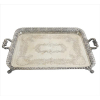<p>Tabuleiro de prata-de-lei, contraste do prateiro P.L, M.K, ricamente ornamentada com motivos florais e guirlandas cinzeladas, galeria fenestrada, pegas laterais com rocalhas estilizadas. Alt. 08 x 75 x 50cm. Início séc. XX</p>