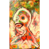 <p>A imagem retrata uma pintura de Eli Heil, uma artista plástica brasileira. A obra, que parece ser acrílico sobre tela, exibe uma figura antropomórfica com um coração pendurado na boca. A pintura apresenta cores vibrantes e um estilo que pode ser classificado como arte naïf ou art brut. Eli Heil, nascida em 1929 e falecida em 2017, foi uma artista autodidata que explorou diversas técnicas e materiais, criando um universo artístico singular. Suas obras frequentemente abordam temas como a natureza, a religiosidade e a condição humana, utilizando símbolos e metáforas. A assinatura Eli M. Heil e a data 2011 podem ser observadas na pintura, indicando a autoria e o ano de criação da obra.</p>