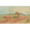 <p>A imagem retrata uma pintura de Oscar Pereira da Silva, intitulada Caminho na Roça. A obra mostra uma cena rural com bois puxando carroças carregadas, em uma estrada de terra, com uma figura humana ao fundo, à direita. Oscar Pereira da Silva (1867-1939) foi um pintor brasileiro, atuante do final do século XIX até meados do século XX, conhecido por suas representações de eventos históricos, retratos, cenas de gênero, naturezas-mortas e paisagens. A obra é uma aquarela, técnica que o artista utilizou com mais frequência no final de sua vida. A pintura remete ao estilo acadêmico do artista, com atenção aos detalhes e à representação da luz e sombra. A cena rural retrata o cotidiano do Brasil da época, possivelmente no interior do estado de São Paulo, onde o artista atuou e expôs suas obras.</p>