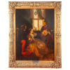<p>Augustus Leopold Egg - 1861, Serenata, &oacute;leo sobre tela, medindo 91x70cm, assinado no canto inferior esquerdo, assista o v&iacute;deo e veja outras obras do artista.</p><br /><p class=MsoNormal>Quadro intimista com tr&ecirc;s personagens em composi&ccedil;&atilde;o triangular. Ao centro, a jovem domina a cena com um vestido de forte presen&ccedil;a material: saia ampla em tom dourado, com aspecto de brocado pesado em cetim, marcada por dobras profundas e reflexos sutis. Tal composi&ccedil;&atilde;o &eacute; usualmente utilizada pelo autor, como no quadro &ldquo;The Travelling Companions&rdquo;. O corpete estruturado contrasta com a fluidez do tecido, enquanto pequenos detalhes em vermelho criam pontos de tens&atilde;o crom&aacute;tica.</p><br /><p class=MsoNormal>&nbsp;&Agrave; esquerda, o traje escuro e opaco absorve a luz, sugerindo tecido denso, enquanto as meias vermelhas, muito usual em suas obras mais marcantes do autor, trazem vibra&ccedil;&atilde;o &agrave; composi&ccedil;&atilde;o. &Agrave; direita, o m&uacute;sico veste um manto espesso, de caimento r&iacute;gido, com brilho discreto nas dobras.</p><br /><p class=MsoNormal>&nbsp;O conjunto equilibra tecidos pesados e ricos com a leveza da cortina transl&uacute;cida, mostrando, pela janela, o exterior, criando uma cena elegante, quase teatral, onde luz, textura e cor conduzem o olhar.</p>