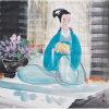 Ling Fengmian, Lady With Flowers, Aquarela, 68 alt X 68 larg (cm), acid -Histórico: Com Certificado emitido pelo Neto do Artista Gerald Gerald Markowitz