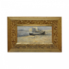 Giovanni Battista Castagneto. Barco em praia com Forte de Toulon ao fundo. óleo s/ tampa de caixa de charuto, ass. dat. 1890 inf. dir. 12 x 24 cm 