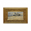 Giovanni Battista Castagneto. Barco em praia com Forte de Toulon ao fundo. óleo s/ tampa de caixa de charuto, ass. dat. 1890 inf. dir. 12 x 24 cm 