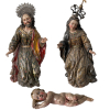<p>Presépio composto por três imagens em madeira, sendo: São José com seu resplendor em prata de lei da mesma época, Nossa Senhora com sua coroa em prata de lei e Menino Jesus. Peru, século XVIII. 46 cm (São José e Nossa Senhora) e 31 cm.</p>