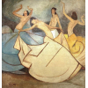 <p>DARIO MECATTI – Sem título. Excepcional pintura a óleo com textura em areia, representando bailarinas em movimento, em plena harmonia de forma e ritmo. A composição, marcada por curvas fluidas e cores suaves, reflete o refinamento estético do estilo Art Déco, evidenciando o domínio técnico e a sensibilidade plástica do artista. Trata-se de uma obra provavelmente realizada na Itália, no início da carreira de Dario Mecatti, período em que o artista também se destacava como ilustrador e criador de cartazes. 142 x 135 cm.</p>