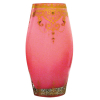 Belíssimo vaso em demi cristal, com pintura na tonalidade rosa e com ricos trabalhos em dourado, de guirlandas, volutas, folhas e arabescos. Alt. 34,5cm.