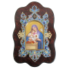 Belíssima placa sacra, do Séc. XIX, em porcelana européia, com pintura esmaltada em policromia, com cena de Nossa Senhora com Menino Jesus. Moldura na forma de nicho em cloisoné esmaltado sobre madeira. (pequena perda na pintura a ouro). Med. total 21,5x13,5cm.