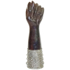Escultura em jacarandá entalhado na forma de figa, com pulseira em prata trabalhada com arabescos e geométricos. Alt. 24,5cm.