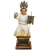 Menino Jesus - Bela imagem portuguesa do séc. XIX, de coleção, em madeira policromada. Com vestimenta. Resplendor e estandarte em prata. Alt. 32cm. 
