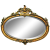 Espelho estilo francês bisotado e ovalado. Moldura em madeira dourada e entalhada com vazados, flores e folhagens. Med. 87x103 cm. 