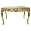 Bela mesa, estilo francês, Luis XV, em madeira dourada e entalhada. Pernas recurvas. Tampo com mármore rajado. Med. 76x118x78cm.