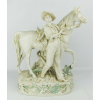 Raro e antigo grupo escultórico em biscuit Royal Dux - Bohemia, representando Jovem com cavalo, sendo este adornado com floreira. Marca da manufatura na base. Med. 39x31x18 cm.