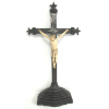 Crucifixo em jacarandá esculpido, com Cristo em marfim europeu, do Séc. XVIII/XIX. Sendal pendente para o lado direito. Apliques em prata. (o magnífico esculpido da peça confirma sua época). Alt. crucifixo 69cm. Alt. Cristo 26cm.