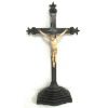 Crucifixo em jacarandá esculpido, com Cristo em marfim europeu, do Séc. XVIII/XIX. Sendal pendente para o lado direito. Apliques em prata. (o magnífico esculpido da peça confirma sua época). Alt crucifixo 69cm. Alt. Cristo 26cm.