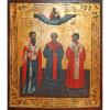 ÍCONE ORTODOXO RUSSO- OS TRÊS HIERARCAS SAGRADOS: BASÍLIO MAGNO (conhecido como Basílio de Cesareia, 330-379 d.C.), GREGÓRIO DE NAZIANZO (Gregório, o Teólogo, 329-389 d.C.) e São João Crisóstomo 349-407 d.C.). Ao alto a figura do CRISTO.<br />COMPOSIÇÃO: Madeira, bolo armênio, folha de ouro, punções e pigmentos em primorosa pintura. MEDIDAS:31x26 cm.<br />INSCRIÇÕES: Russo Glagolítico. <br />ATRIBUTOS: Vestes de bispo com o Omofório; erguendo a mão direita em posição de abençoar; segurando livros ou rolos do Evangelho.<br />DA DEVOÇÃO: Desde há quase nove séculos, os cristãos do Oriente celebram no dia 30 de janeiro, numa única festa, os três santos bispos e doutores: Basílio, o Grande, Gregório, o Teólogo (ou Nazianzeno) e João Crisóstomo. No calendário bizantino os três hierarcas possuem também uma festa em dias separados: São Basílio é comemorado no dia 1° de janeiro, aniversário de sua morte (379), juntamente à festa da Circuncisão de N.S. Jesus Cristo; São Gregório, o Teólogo, como é apelidado no Oriente o bispo de Nazianzo morto no ano 390, é comemorado em 25 de janeiro; e São João Crisóstomo em 13 de novembro e 25 de janeiro, dia em que foram trasladadas as suas relíquias de Cumana (onde morreu exilado em 407) para Constantinopla, na presença do Imperador do Oriente, em 438.<br />A festa conjunta dos três santos, no Oriente bizantino, remonta ao ano 1084. Os três têm atributos próprios e são distinguidos assim: de Basílio, louvavam-se sua inteligência excepcional e sua austeridade exemplar; de Gregório se louvava a sublime teologia expressa em estilo elegante; de João Crisóstomo, louvava-se a excepcional eloqüência e a força convincente de seus discursos. Embora haja entre eles essas qualidades diferentes a fé, o amor à Igreja e a determinação em transmitir seus ensinamentos eram idênticos.