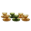 (6) Taças de sobremesa com presentoir. Depression Glass, E.U.A. Cerca 1940. Tonalidades verde e amarelo. 16x10x12 cm.