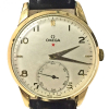 OMEGA- SWISS MADE (Estrela) . Plaque de ouro. Pulseira de couro: 24 cm.