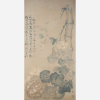 Kao Chien-Fu<br>Folhagens.<br>Nanquim e têmpera sobre cartão.<br>135 x 67 cm.