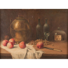 PEDRO ALEXANDRINO<br> Garrafas, queijeira e frutas.<br>Ost, 60 x 81 cm.<br>Assinado no csd.<br>