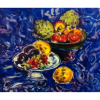 Sergio Telles | Frutas e toalha azul | Óleo sobre tela | Medidas 46x54,5cm | 2008