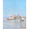<p>CASTAGNETO (1851–1900) – Fase TOULON -O/S/T,- Barcos no cais, composição paisagística de temática marinha. Pintor italiano radicado no Brasil, referência fundamental da paisagem brasileira do final do século XIX, especialmente na representação do litoral e da vida portuária. Ass. CID. 40 × 32 cm.</p>