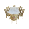 <p>Mesa de jantar em madeira, com tampo de mármore, e oito cadeiras estofadas em tapeçaria. 76 cm de alt.; 225 x 102 cm.</p>