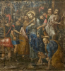 <p>Excepcional obra da Escola cusquenha - A pris&atilde;o de Cristo - OST - 105 x 100 cm. Peru Sec XVIII - (NO ESTADO).</p>
