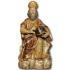 Pai eterno. Imagem de madeira, representando santo segurando o globo;vestimenta ricamente policromada com elementos florais e dourados; base nuvem em volutas; 60 cm de altura. Europa, séc. XVIII.<br>