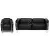Le Corbusier Conjunto para sala de estar, composto por par de sofás para dois lugares cada e par de poltronas; estrutura de ferro cromado e assentos e encostos de material sintético preto. Assinados e numerados. 170 cm de comprimento e 63 cm de altura, os sofás. Século XX.<br>