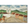 Alberto da Veiga Guignard.<br>Paisagem com Igreja. Óleo sobre madeira, 21,5 x 32 cm. Assinado e datado embaixo à direita: Guignard 56. No verso: Para Samuel de seu amigo ofereço / Guignard - Belo Horizonte - 12.05.56 / Guignard. <br>Obra limpa e pequenos restauros realizados pelo Centro de Conservação de bens Culturais, conforme atestado datado de 18.12.2017.<br>