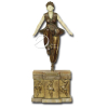 D. H. Chiparus. Oriental Dancer. Escultura de bronze patinado e marfim representando dançarina apoiada em um só pé, cabeça e braços de marfim, base de ônix marrom com placa frontal recortada de bronze decorada com dançarinas, assinada no topo da base Chiparus, numeração 35 estampada na perna, placa com dedicatória Pour A. Goudet na face anterior da base; 40 cm de altura. França, séc. XX, c. 1925. Escultura semelhante reproduzida a página 93 do livro Chiparus - Master of Art Deco por Alberto Schayo.