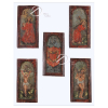 Conjunto de cinco placas de madeira entalhada com pinturas policromadas representando: Cristo no Monte das Oliveiras; Via Crucis; Cristo da Cana Verde; Cristo Crucificado e Manto Santo datado de 1788. Presas em placa de acrílico; conjunto 37 x 29 cm de altura; cada placa 15 x 8 cm. América Espanhola, séc. XVIII. 