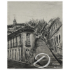 Volpi, Alfredo. Obra da década de 1930. - Ouro Preto, Rua São José com Igreja de São José ao Fundo. - Aguada e nanquim sobre papel, 39 cm x 21,5 cm. Dedicado, datado e assinado embaixo à esquerda: Caro Dottore Fonseca com uma abrascio - 12/12/36 - AVolpi.