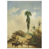 Eduard Hildebrandt. (Gdansk, Polônia, 1818 - 1868, Berlim, Alemanha, 1868). Tamandatay 1844. Óleo e aquarela sobre papel; 21,6 cm x 18,7 cm. Cena cidade São Paulo, Rio Tamanduatei. Trabalho similar está reproduzido no livro do artista, The Brazil of Eduard Hildebrandt, por Gilberto Ferrez, à página 74. Era comum alguns artistas viajantes executarem obras muito similares, como ratificado às páginas 33, 57, 60 e 62, do mesmo livro -St. Theresin. Rio de Janeiro. 4 April 1844; Rio de Janeiro. Mai 1844; Bota Fogo. Brésil. Juny 1844; Lago Rodrigo Mai 1884- onde, após descrevê-las, o auto acrescenta a seguinte observação: Another similar water-color is in Mário Calábria collection. :Eduard Hildebrandt (Dantzig, Prússia, atual Alemanha 1818 - Berlim, Prússia 1869). Aquarelista e pintor. De 1838 a 1840, é aluno em Berlim do pintor Wilhem Krause. Participa das exposições da Academia de Berlim. Em 1840, viaja pela Escandinávia, Inglaterra e Escócia. Em 1842, estuda em Paris com o pintor Eugène Isabey. Expõe no Salão de Belas Artes de 1842 e 1843, ano em que ganha medalha. De volta a Berlim, conhece o naturalista Alexander von Humboldt, que o indica ao rei da Prússia, Frederico-Guilherme IV. Este o patrocina em viagens a vários continentes. Chega ao Brasil em março de 1844, percorrendo os estados do Rio de Janeiro, da Bahia e de Pernambuco. Participa da Exposição Geral de Belas Artes (EGBA) do Rio de Janeiro. Louis Auguste Moreaux (1818-1877) faz um retrato seu. Recebe de d. Pedro II o título de Cavaleiro da Ordem da Rosa. Em junho, vai para os Estados Unidos, lá ficando até 1845. Volta à Europa, tornando-se, em seguida, membro da academia de Berlim. Em 1847, viaja para Escócia, Ilhas Canárias, Espanha e Portugal. No mesmo ano, tem uma aquarela exposta no Brasil, na EGBA. Em 1850, recebe medalha de ouro em exposição de Berlim, além do título de Cavaleiro da Águia Vermelha da Prússia. A partir de 1851, visita Itália, Egito e Grécia. Em 1854, torna-se Cavaleiro da Ordem de Christo de Portugal. Ainda expondo por vários anos no Salão de Paris, recebe medalha em 1855. No de 1859, apresenta 38 aquarelas e recebe menção positiva na apreciação do crítico e poeta Charles Baudelaire. Faz uma viagem ao redor do mundo entre 1860 e 1862. Em 1867, publica o álbum Viagem ao Redor da Terra, editado por Ernst Kossak. Morre em 1869. Em 1881, um retrato que faz de Humboldt (em 1845) é apresentado na Exposição de História do Brasil. Sua obra é, por anos, ignorada pelos brasileiros, sendo redescoberta pelo embaixador do Brasil Joaquim de Sousa Leão, em acervos da Alemanha, pouco antes da Segunda Guerra Mundial. É trazido à luz novamente por Gilberto Ferrez (1908-2000), em coletânea de trabalhos do artista, publicada em 1987. Análise Eduard Hildebrandt é um artista viajante por excelência. Em sua obra, quase totalmente formada por paisagens feitas em aquarela e desenho em grafite, coexistem sempre uma técnica precisa e uma grande sensibilidade para a síntese dos elementos que observa em cada parada que realiza ao redor do mundo. Com relação às imagens que produziu no Brasil quando da sua estada em 1844, àquelas duas características são somadas ainda uma terceira: o artista não se interessa apenas pela paisagem natural do país (motivo que atrai a maioria dos viajantes do período), mas revela fascínio pelas pessoas, sobretudo pelos escravos; indivíduos que, durante todo o século XIX, foram muito pouco representados por artistas brasileiros. O interesse que despertam em Hildebrandt faz com que ele os foque ora mais de perto, revelando um evidente apelo psicológico (por meio do retrato), ora mais de longe, revelando o seu cotidiano e tarefas diárias. É de fato nesse último enfoque que surgem as imagens mais interessantes do artista. Em vistas urbanas, como Praça no Rio de Janeiro, suas aquarelas sugerem um tom teatral, visualmente cenográfico, obtido pelo forte contraste das figuras representadas no primeiro plano, por cores terrosas (elementos arquitetônicos mais próximos, massas de pessoas etc.) e outras figuras bem mais claras, em segundo e último planos. Essa tensão entre massas coloridas cria, de início, um forte movimento em suas imagens, o que é realçado em seguida pela profusão de figuras humanas aglomeradas (escravos), representadas realizando suas atividades diárias. Fonte: Enciclopédia Itaú Cultural.