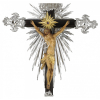 <p>Crucifixo D. João V com Imagem de Cristo em madeira esculpida, policromada e modelada de forma naturalista, e dourado. Cabelos longos e movimentados, mandorla de ouro com ametista no centro, chagas com filetes escorridos em vermelho, perizôneo entalhado, dourado e movimentado, com dobras e drapeados; pés, o direito sobre o esquerdo e mãos, presos por cravos de prata, também com ametistas no centro. Cruz de jacarandá envernizado com rebaixos laterais filetados, ornada com raionados, ponteiras, duas placas de contornos irregulares com volutas, de prata, centralizando à Imagem, sendo: uma retangular com inscrição JNRJ (Jesus de Nazaré Rei dos Judeus) e outra ovalada com reserva central lisa, de prata. O todo sobre imponente base semicircular escalonada e movimentada, com facetas ligeiramente côncavas e concêntricas, sobre três pés curvos; 51 cm de largura e 114 cm de altura total. Brasil, séc. XVIII.<br />Crucifixo D. João V com Imagem de Cristo esculpida em madeira<br />policromada em tons naturalistas e dourada; mandorla<br />de ouro e ametista; raionados, ponteiras e placas, de prata. Cruz de jacarandá; 114 cm de altura total e 51 cm de largura.<br />Brasil, séc. XVIII.<br />Pertenceu à Capela do engenho de São Miguel de Cotegipe, próximo à Salvador, BA, da família Alves de Lima Costa.</p>