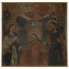 <p>Pintura Hispano AmericanaCena da Sagrada Família encimada ao centro pelo Pai Eterno e o Divino Espírito Santo que projeta raios sobre o Menino. Óleo sobre tela, 56 cm x 58 cm. América Espanhola, séc. XVIII.</p>