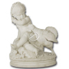 Grupo escultórico de mármore representando menino sentado, segurando pintinho, sendo atacado por galinha tentando recuperar sua cria; 54 x 47,5 x 70 cm de altura. No verso: Santos / 1888.