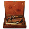 Par de pistolas pederneira de duelar com todos seus acessórios. Cano oitavado de bronze polido decorado com volutas e marcado com um N entre ramos; gravado junto ao mecanismo CHASSIER Á PARIS; acondicionadas em caixa de madeira original; na tampa placa dourada com monograma J. S. A entrelaçado e alça articulada; 30 x 40 x 8 cm. França, séc. XVIII.