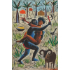 CARYBÉ, Hector - Rapto de Oxum por Xangô - matriz de xilo gravura, óleo sobre madeira - 60 x 40 cm - a.c.i.d. 1980 - Preso por um poderoso ebó que Oxum lhe fizera raptar a mulher de seu próprio irmão - com a imagem da xilogravura Oxum no verso, com assinatura em vermelho.